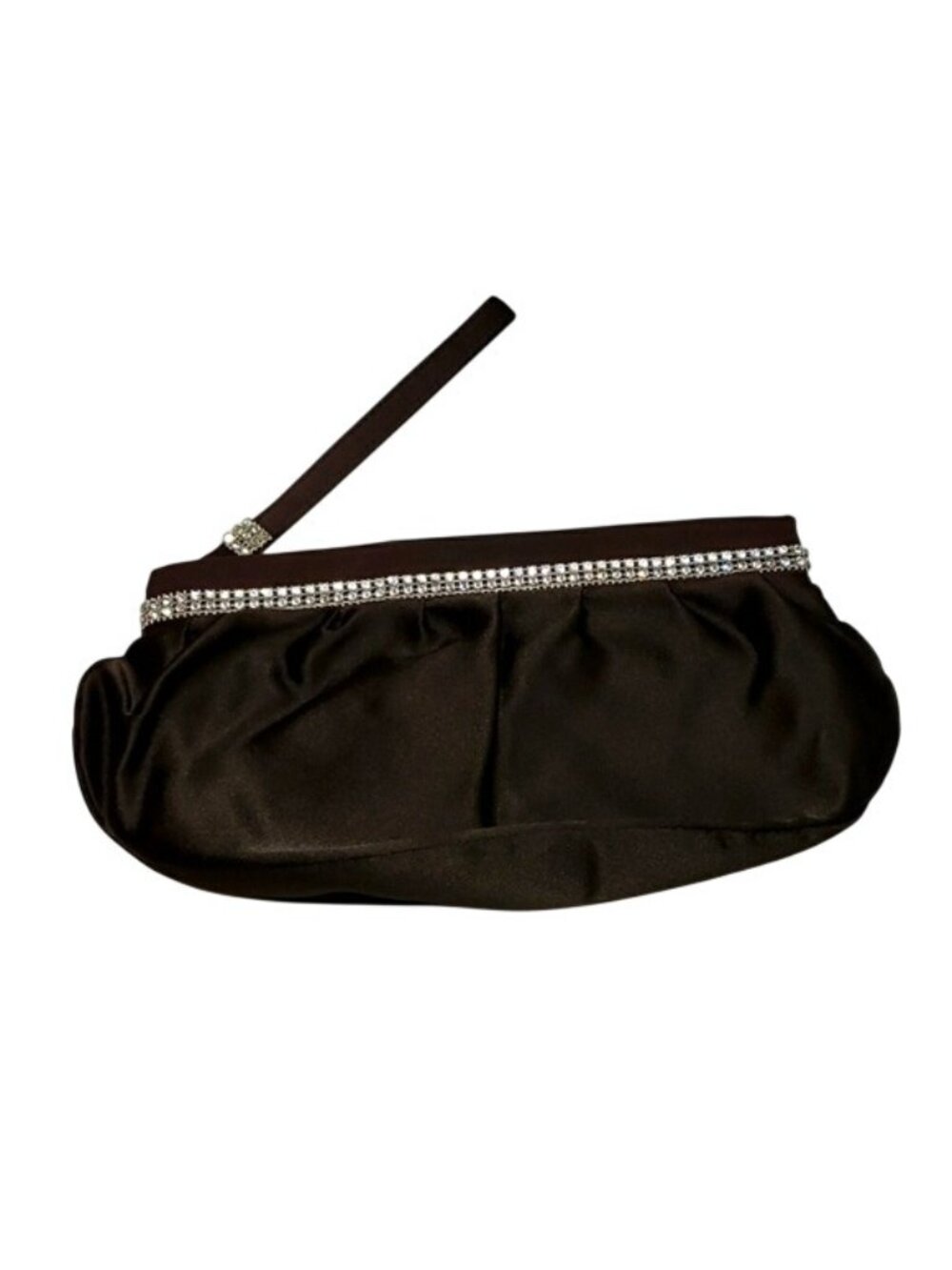 Vintage Walborg Brown Satin Wristlet Evening Clutch Rhinestone Accents Zip Close